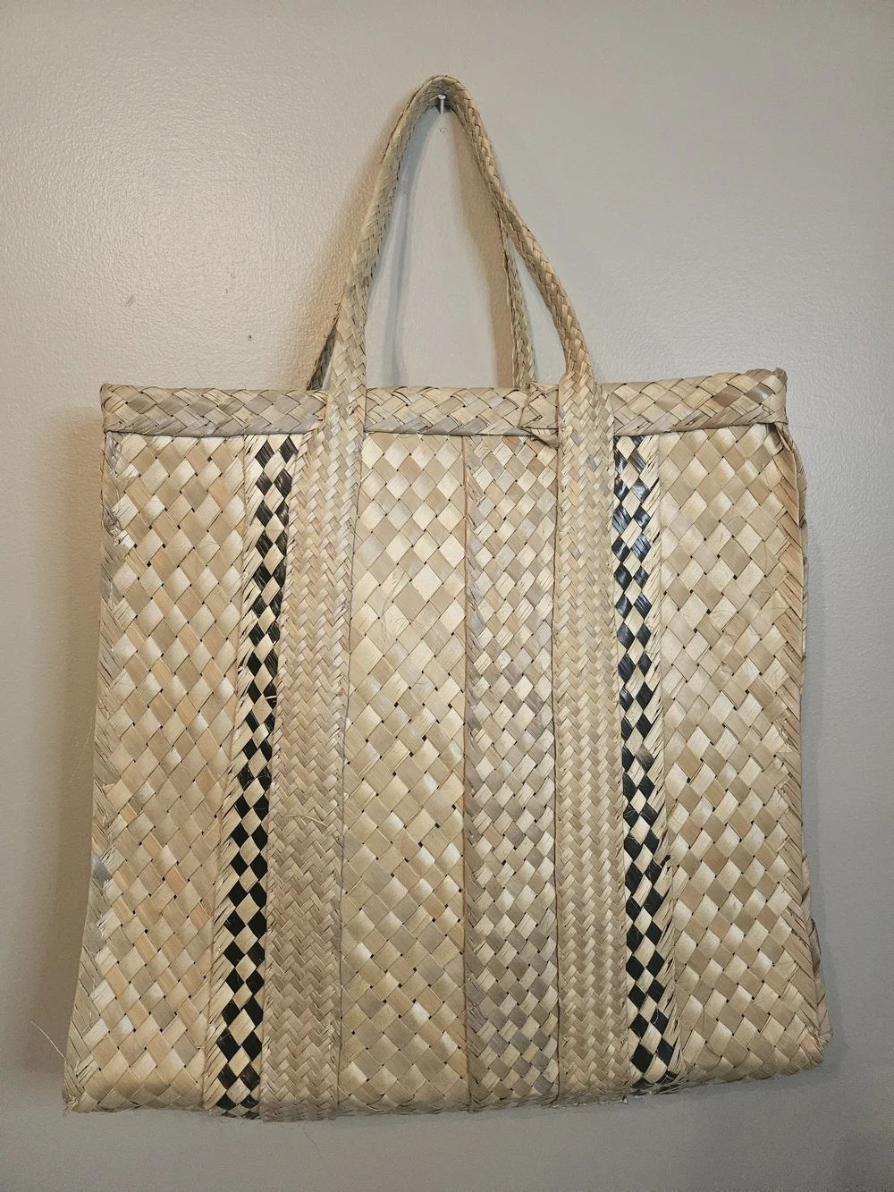 Woven Straw Tote Bag in Natural with Black Accent